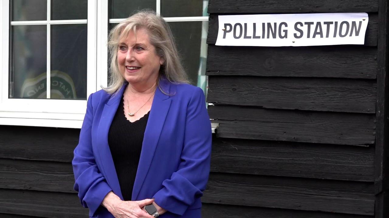 Screen grab taken from PA Video of Conservative party candidate for Mayor of London, Susan Hall arriving at the polling station at Hatch End Lawn Tennis Club, London, to cast her vote in the mayoral election. Picture date: Thursday May 2, 2024.
