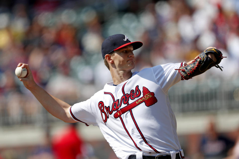 Atlanta Braves starting pitcher Mike Soroka works against the Philadelphia Phillies in the first inning of a baseball game Thursday, Sept. 19, 2019, in Atlanta. (AP Photo/John Bazemore)