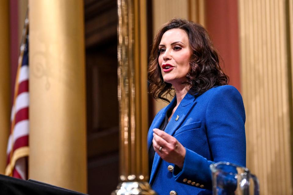 Gov. Gretchen Whitmer delivers her State of the State address on Wednesday, Jan. 25, 2023, at the Michigan State Capitol in Lansing. 