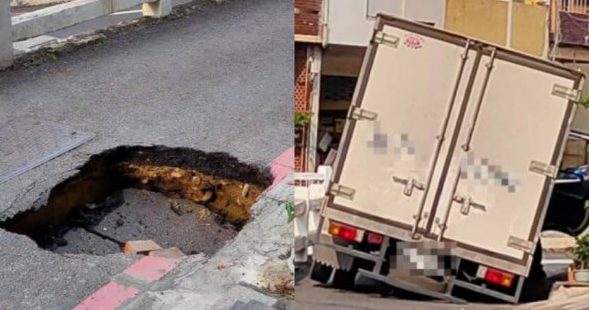 府城地底驚現坑洞「陷阱」，貨車不慎陷入。（圖／翻攝自臉書「台南府城大小事」