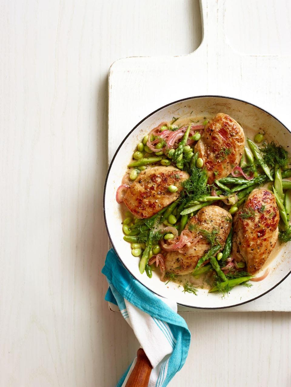 <p>Bright green spring vegetables and fresh herbs are the perfect way to liven up basic chicken breasts for spring.</p><p><strong><a href="https://www.womansday.com/food-recipes/food-drinks/recipes/a13179/one-pan-spring-chicken-asparagus-edamame-recipe-wdy0414/" rel="nofollow noopener" target="_blank" data-ylk="slk:Get the recipe for One-Pan Spring Chicken with Asparagus and Edamame." class="link ">Get the recipe for One-Pan Spring Chicken with Asparagus and Edamame.</a></strong></p>