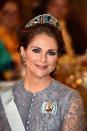 <p>Madeleine made an elegant appearance at the Nobel Prize Banquet in 2015. This year, the royal chose a diamond and aquamarine tiara.</p>