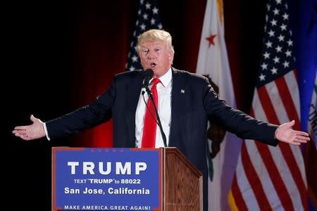 U.S. Republican presidential candidate Donald Trump speaks at a campaign rally in San Jose, California, U.S. June 2, 2016. REUTERS/Lucy Nicholson