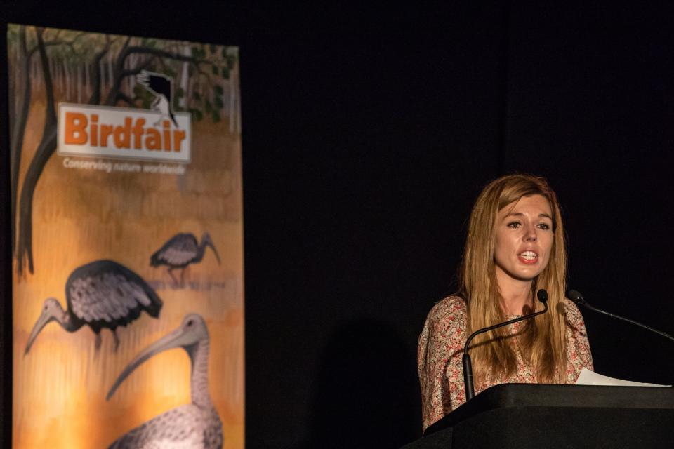 Carrie Symonds speaks during the 'State of the Earth - Question Time' at Birdfair (Getty Images)