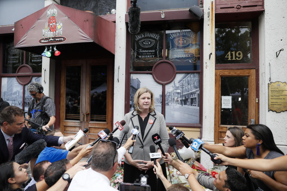 Dayton, Ohio, Mayor Nan Whaley speaks to members of the media Tuesday, Aug. 6, 2019, outside Ned Peppers bar in the Oregon District after a mass shooting that occurred early Sunday morning in Dayton. (AP Photo/John Minchillo)