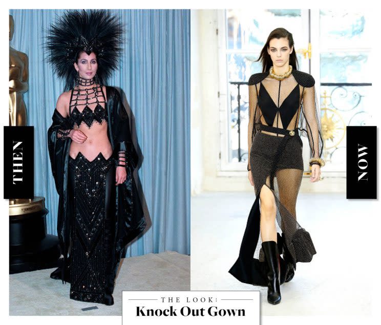 The Knock Out Gown as seen on Cher in the '80s, and at Louis Vuitton today. (Photo: Getty Images)