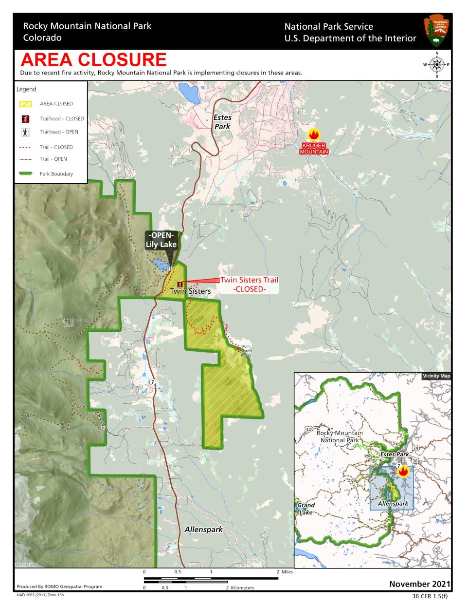 This map details the Twin Sisters area closure brought on by the Kruger Rock fire burning near Estes Park on Tuesday, Nov. 16, 2021.