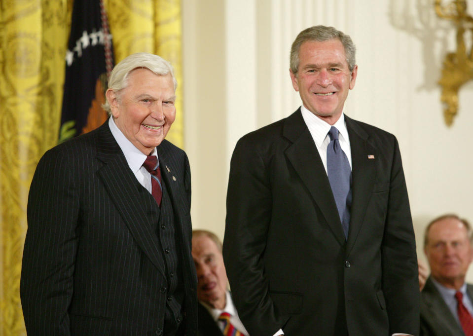 UNITED STATES - NOVEMBER 09: Andy Samuel Griffith and President George W. Bush at the Freedom Awards Ceremony at the White House in Washington D.C. on November 9, 2005. (Photo by Douglas A. Sonders/Getty Images)