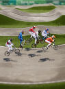 <p>A general view of Joris Harmsen of Team Netherlands, Tore Navrestad of Team Norway, Evgeny Kleshchenko of Team ROC, Vincent Pelluard of Team Colombia, Joris Daudet of Team France and Simon M. Marquart of Team Switzerland as they jump during the Men's BMX quarterfinal heat 3 run 1 on day six of the Tokyo 2020 Olympic Games at Ariake Urban Sports Park on July 29, 2021 in Tokyo, Japan. (Photo by Ezra Shaw/Getty Images)</p> 