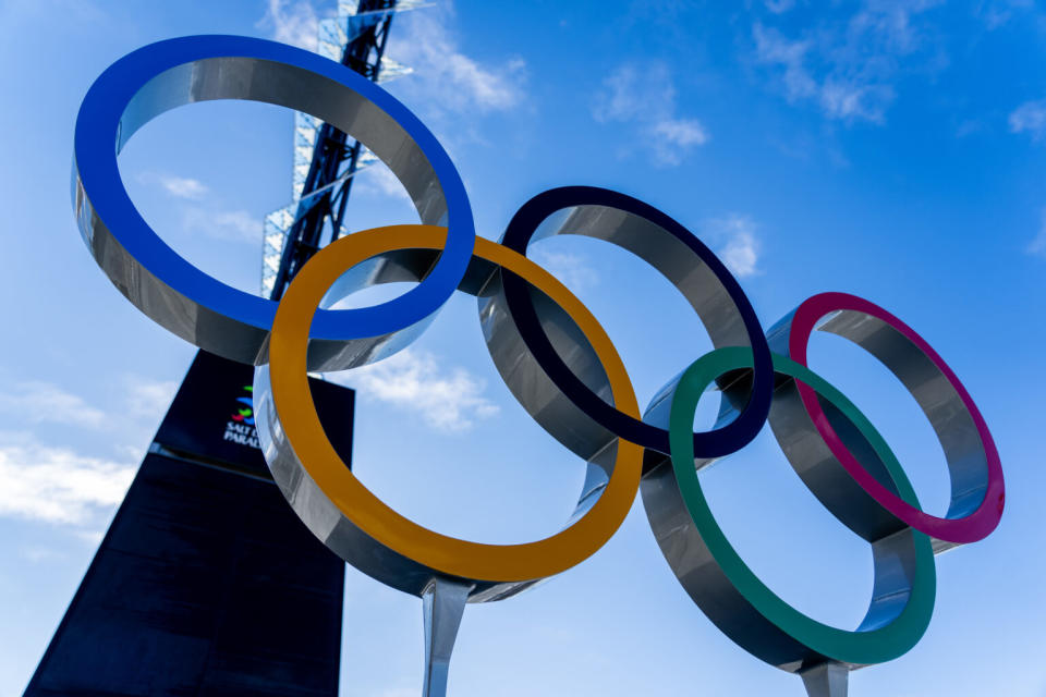 Olympic Rings are pictured outside Rice-Eccles Stadium in Salt Lake City, Utah