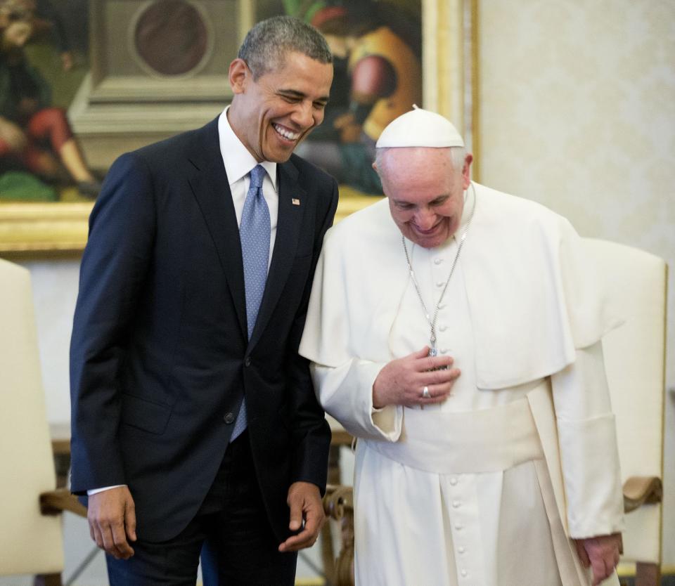 In this March 27, 2014, photo, President Barack Obama meets with Pope Francis at the Vatican. From the heart of Europe to the expanse of Saudi Arabia's desert, Obama's weeklong overseas trip amounted to a reassurance tour for stalwart, but sometimes skeptical, American allies. At a time when Obama is grappling with crises and conflict in both Europe and the Middle East, the four-country swing also served as a reminder that even those longtime partners still need some personal attention from the president.. (AP Photo/Pablo Martinez Monsivais)