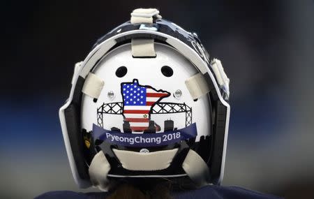 Ice Hockey - Pyeongchang 2018 Winter Olympics - Women's Semifinal Match - U.S. v Finland - Gangneung Hockey Centre, Gangneung, South Korea - February 19, 2018 - Close-up view of the back of the helmet of goalie Madeline Rooney of U.S. REUTERS/David W. Cerny TPX IMAGES OF THE DAY