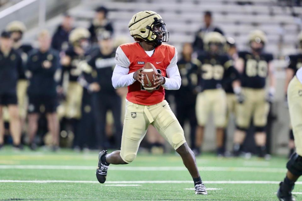 Army quarterback Dewayne Coleman, a rising junior, looks to throw downfield during the Black-and-Gold football scrimmage at West Point's Michie Stadium on April 12, 2024. DANNY WILD