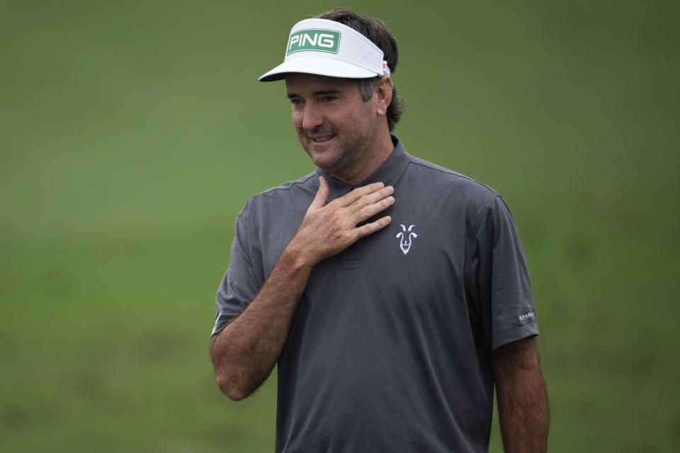 Bubba Watson works out on the range during a practice for the Masters golf tournament at Augusta National Golf Club, Tuesday, April 4, 2023, in Augusta, Ga. (AP Photo/Matt Slocum)