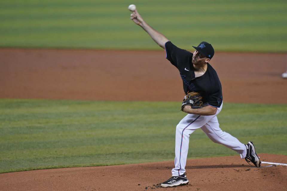 Miami Marlins' Zach Thompson delivers a pitch during the first inning of a baseball game against the Atlanta Braves, Saturday, June 12, 2021, in Miami. (AP Photo/Wilfredo Lee)