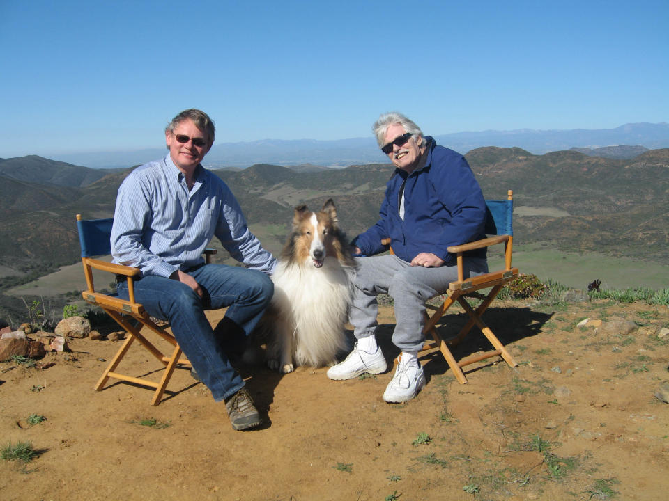 Martin Clunes meets Laddie, the son of Lassie with owner Bob Weatherwax. (ITV)