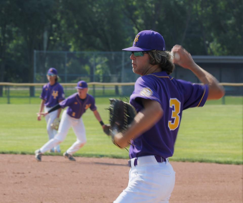 Hagerstown senior Braylon Doerstler throws the ball across the field before a regional game against Heritage Christian June 3, 2023.