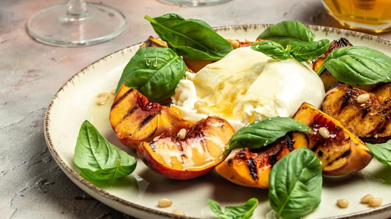 burrata, peach, and basil salad