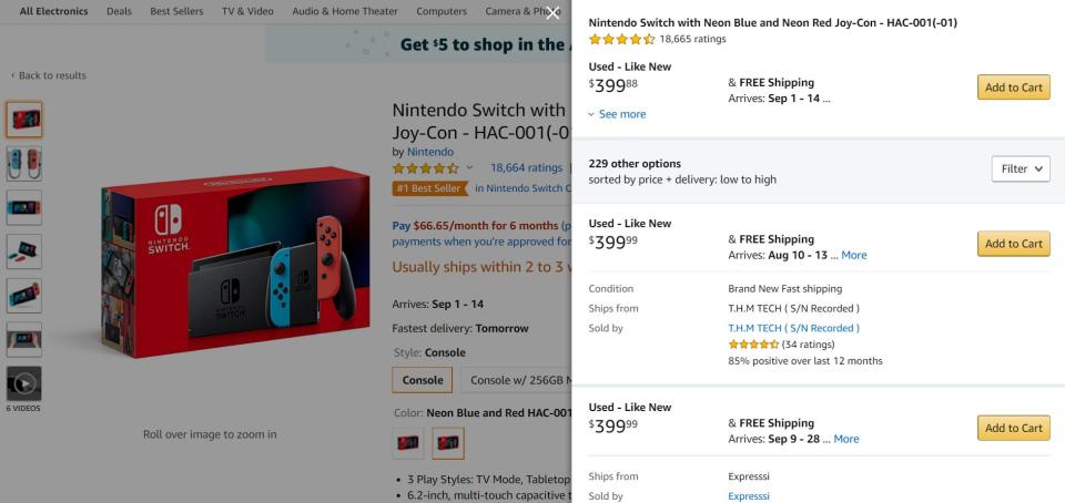 Nintendo Switch (resellers on Amazon, July 30, 2020)