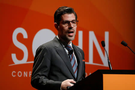 Tim Garry, the Chief Investment Officer, Portfolio Manager and Managing Partner of Pelorus Jack Capital LP, presents during the 2018 Sohn Investment Conference in New York City, U.S., April 23, 2018. REUTERS/Brendan McDermid