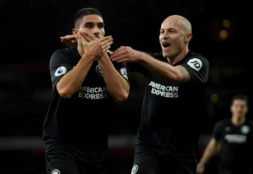 LONDON, ENGLAND - DECEMBER 05: Neal Maupay of Brighton celebrates with Aaron Mooy of Brighton after scoring his teams second goal during the Premier League match between Arsenal FC and Brighton & Hove Albion at Emirates Stadium on December 05, 2019 in London, United Kingdom. (Photo by Mike Hewitt/Getty Images)