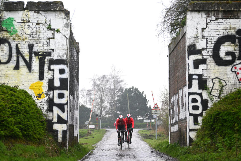 ROUBAIX FRANCE  APRIL 06 LR Alexis Renard of France and Max Walscheid of Germany and Team Cofidis during the ParisRoubaix 2023 Training Day 1  UCIWT  on April 06 2023 in Roubaix France Photo by Luc ClaessenGetty Images