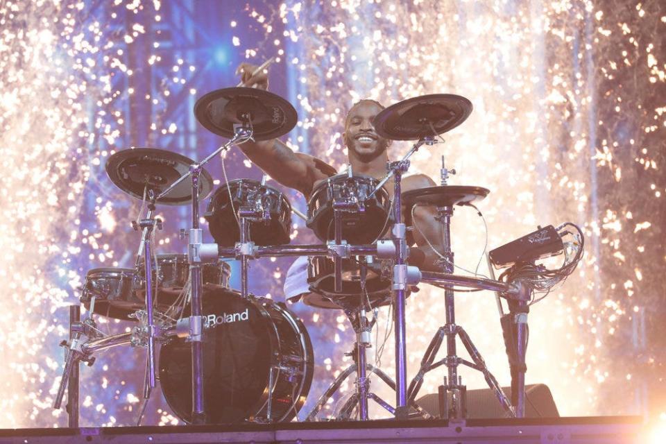 Former Stark County resident Zion Clark is shown playing the drums at the end of his routine on Tuesday night on "America's Got Talent." Born without legs, Clark also demonstrated his athletic abilities on the television show.