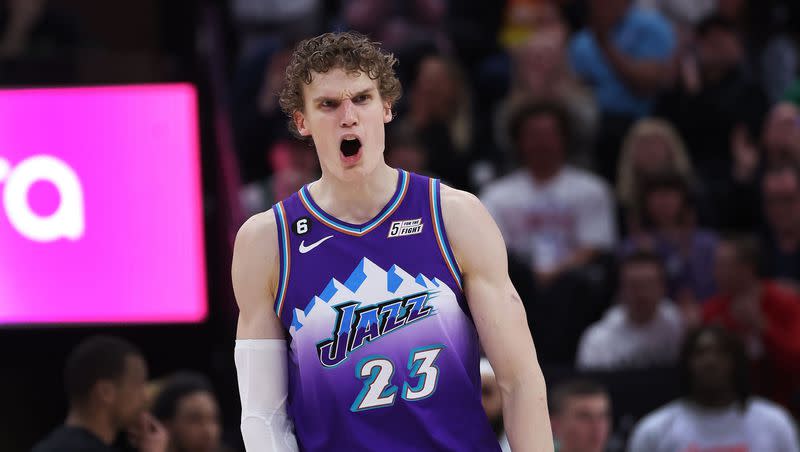 Utah Jazz forward Lauri Markkanen (23) celebrates a 3-pointer against the Boston Celtics in Salt Lake City on Saturday, March 18, 2023.