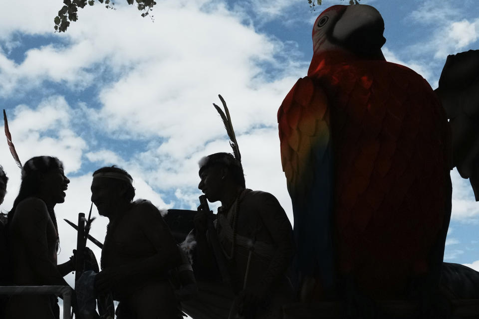 Waorani Indigenous attend an event promoting a "yes" vote in a referendum on not extracting oil in Quito, Ecuador, Monday, Aug. 14, 2023. In a historic decision, Ecuadorians voted on Sunday against the oil drilling of Yasuni National Park, which is a protected area in the Amazon that's home to two uncontacted tribes and serves as a biodiversity hotspot. (AP Photo/Dolores Ochoa)