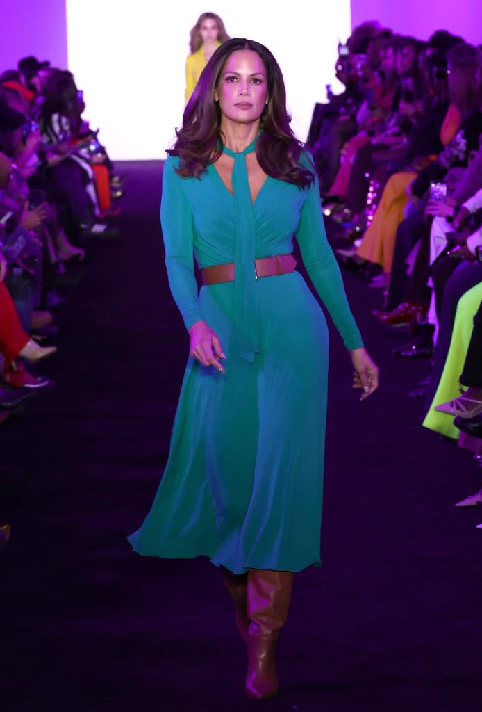 Jaws dropped when original supermodel Veronica Webb swagged down the Sergio Hudson runway, serving the designer’s “strong woman realness, executive woman realness.” Getty Images for NYFW: The Shows