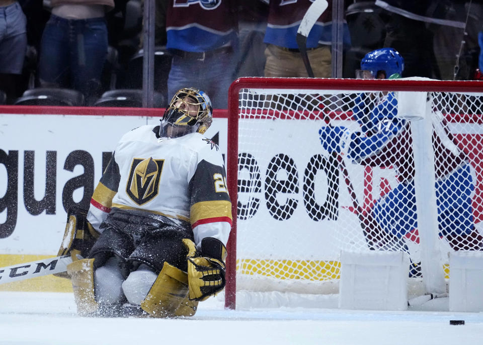Vegas Golden Knights goaltender Marc-Andre Fleury (29) reacts to giving up a goal to the Colorado Avalanche during the first period of Game 2 of an NHL hockey Stanley Cup second-round playoff series Wednesday, June 2, 2021, in Denver. (AP Photo/Jack Dempsey)