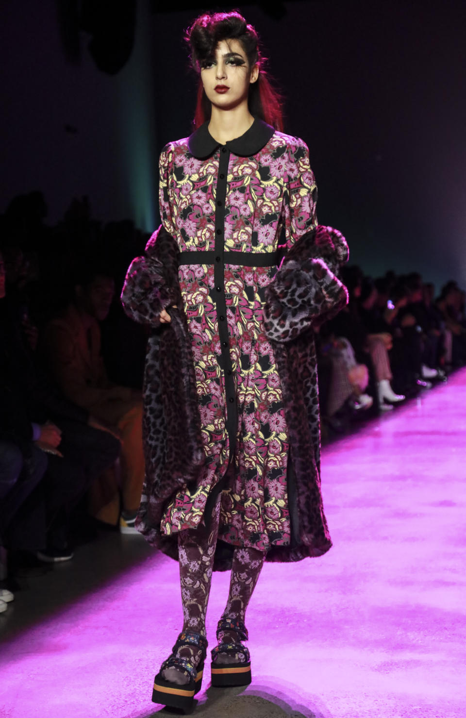 A model walks the runway in a creation by Anna Sui during New York's Fashion Week, Monday Feb. 10, 2020. (AP Photo/Bebeto Matthews)