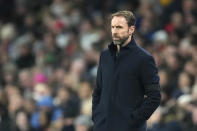 England's head coach Gareth Southgate follows the game during the Euro 2024 group C qualifying soccer match between England and Malta at Wembley stadium in London, Friday, Nov. 17, 2023. (AP Photo/Kirsty Wigglesworth)