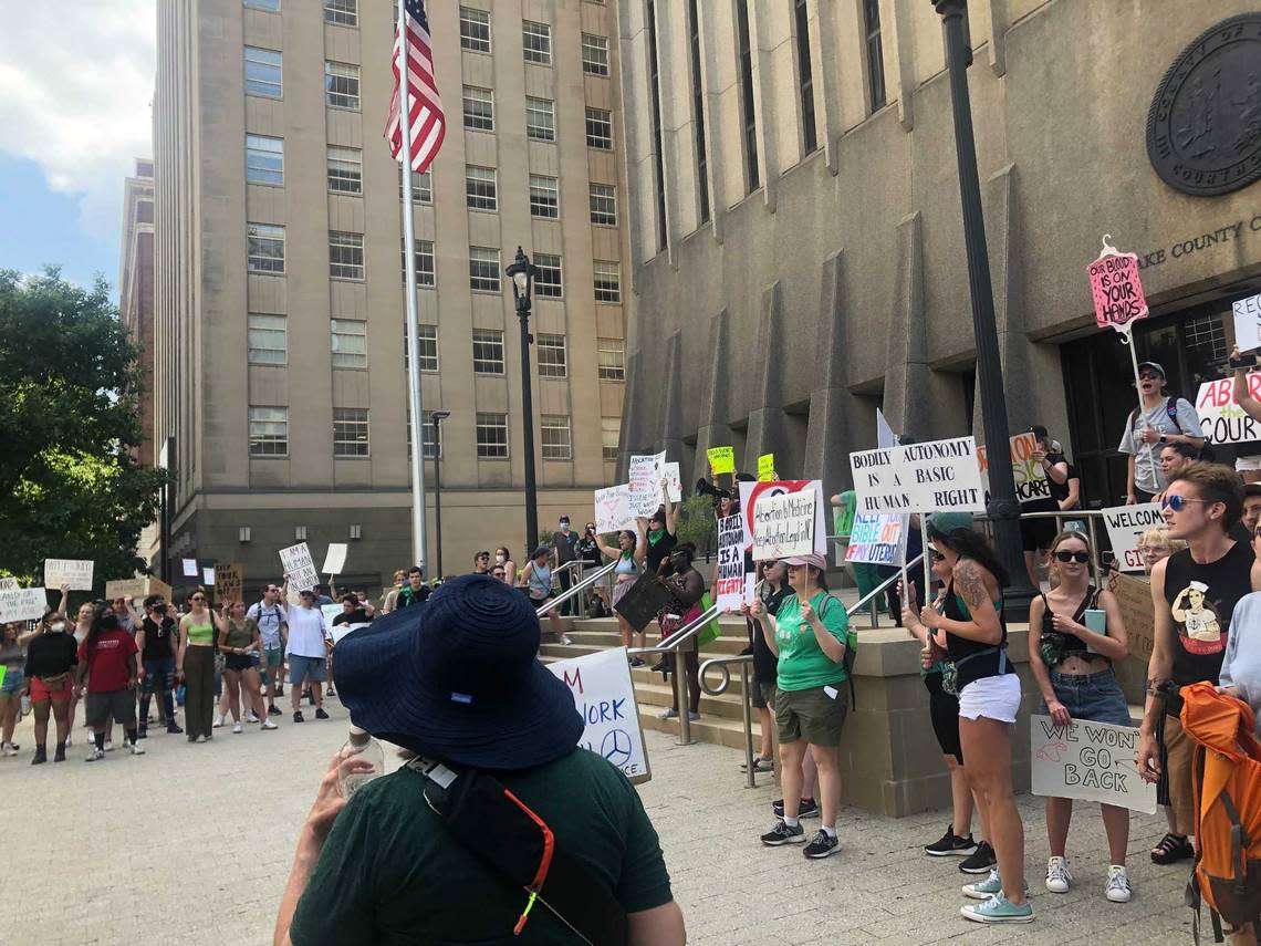 Protesters decrying the U.S. Supreme Court’s decision to overturn Roe v. Wade gathered in downtown Raleigh Monday, July 4, 2022.