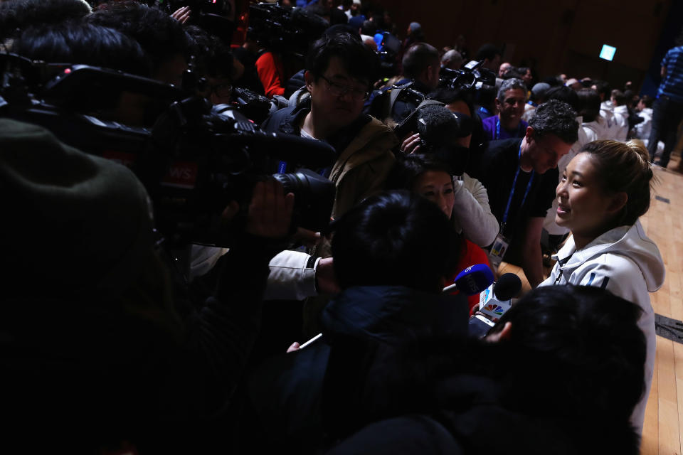 Chloe Kim speaks to reporters on Feb. 8, 2018 in Pyeongchang-gun, South Korea. (Photo: Ker Robertson via Getty Images)