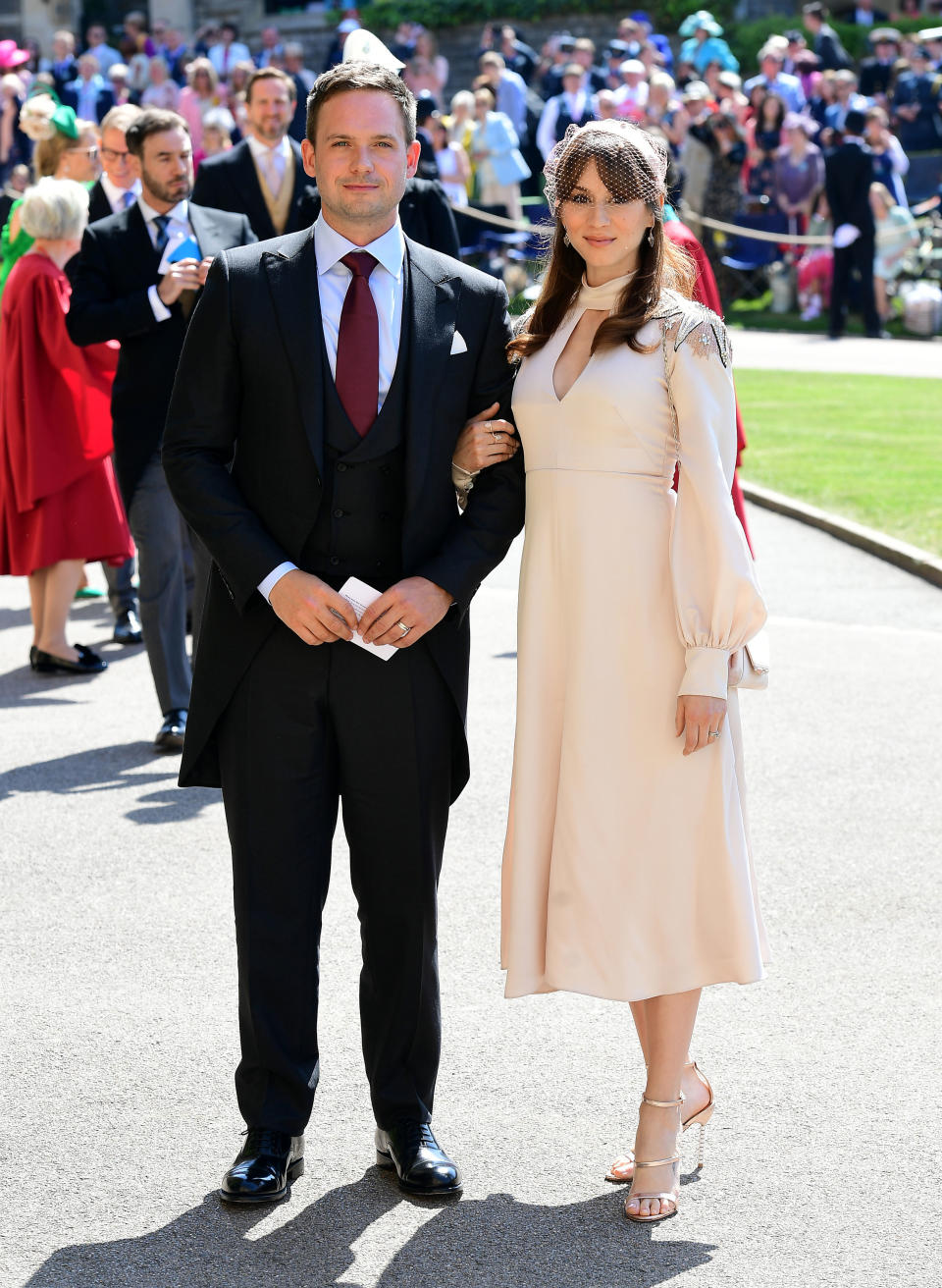 Patrick J. Adams and wife Troian Bellisario arrive at St George’s Chapel at Windsor Castle for the wedding of Meghan Markle and Prince Harry.