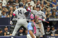 New York Yankees' Jahmai Jones (14) celebrates after his home run with teammate Anthony Volpe, right, as Tampa Bay Rays catcher Ben Rortvedt, center, looks on during the third inning of a baseball game Sunday, May 12, 2024, in St. Petersburg, Fla. (AP Photo/Mike Carlson)
