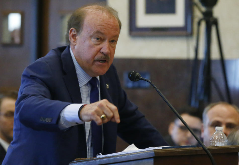 State's attorney Reggie Whitten speaks during closing arguments in Oklahoma's ongoing opioid drug lawsuit against Johnson & Johnson, Monday, July 15, 2019, in Norman, Okla. (AP Photo/Sue Ogrocki, Pool)