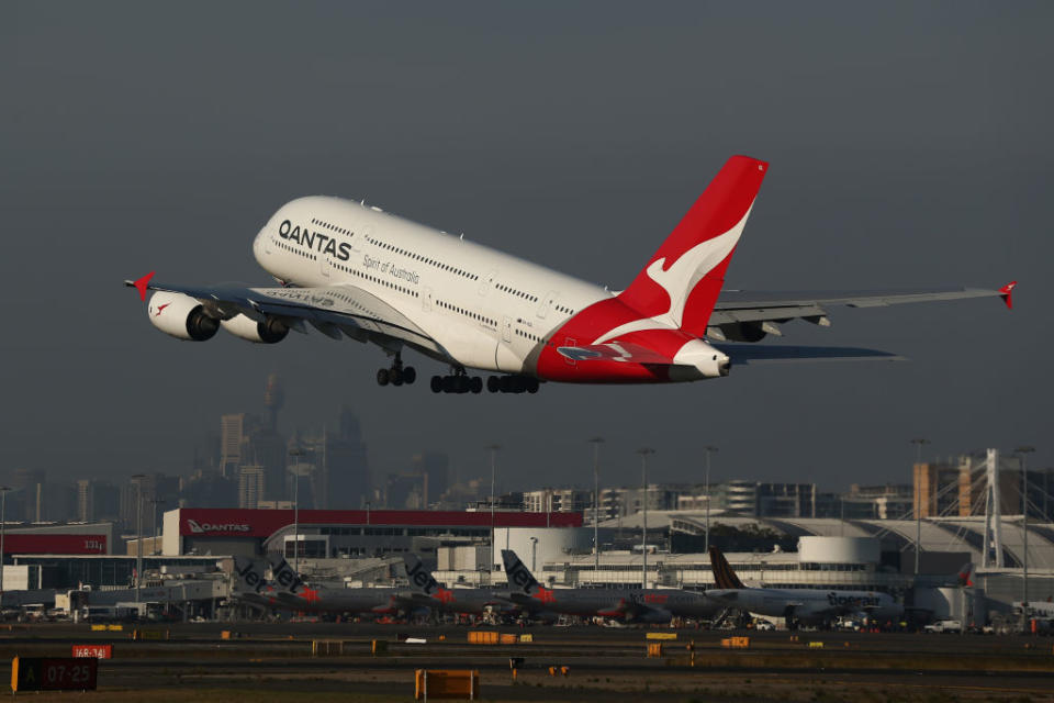 SYDNEY, AUSTRALIA - OCTOBER 31: A Qantas A380 takes-off at Sydney Airport priot to the 100 Year Gala Event on October 31, 2019 in Sydney, Australia. (Photo by Brendon Thorne/Getty Images)