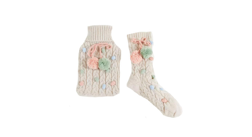 ASOS DESIGN pom pom hot water bottle and socks in oatmeal