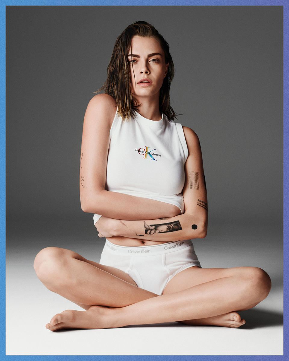 Cara Delevingne calvin klein 2024 pride collection, Ilga World and Transgender Law Center, fashion brands companies donating to lgbtq charities, donations, pride month 2024 collection merch