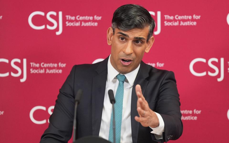 Rishi Sunak, the Prime Minister, is pictured today delivering a speech in central London