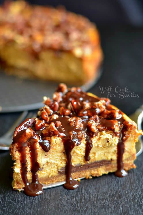 <p>This dessert is proof that chocolate and pumpkin are a quintessential fall combination. </p><p><strong>Get the recipe at <a href="http://www.willcookforsmiles.com/2013/09/chocolate-pumpkin-cheesecake.html" rel="nofollow noopener" target="_blank" data-ylk="slk:Will Cook for Smiles;elm:context_link;itc:0;sec:content-canvas" class="link ">Will Cook for Smiles</a>.</strong></p>