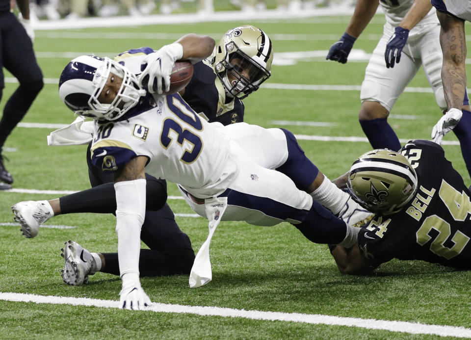 Los Angeles Rams' Todd Gurley dives into the end zone for a touchdown on one of his few touches for the Saints. (AP)