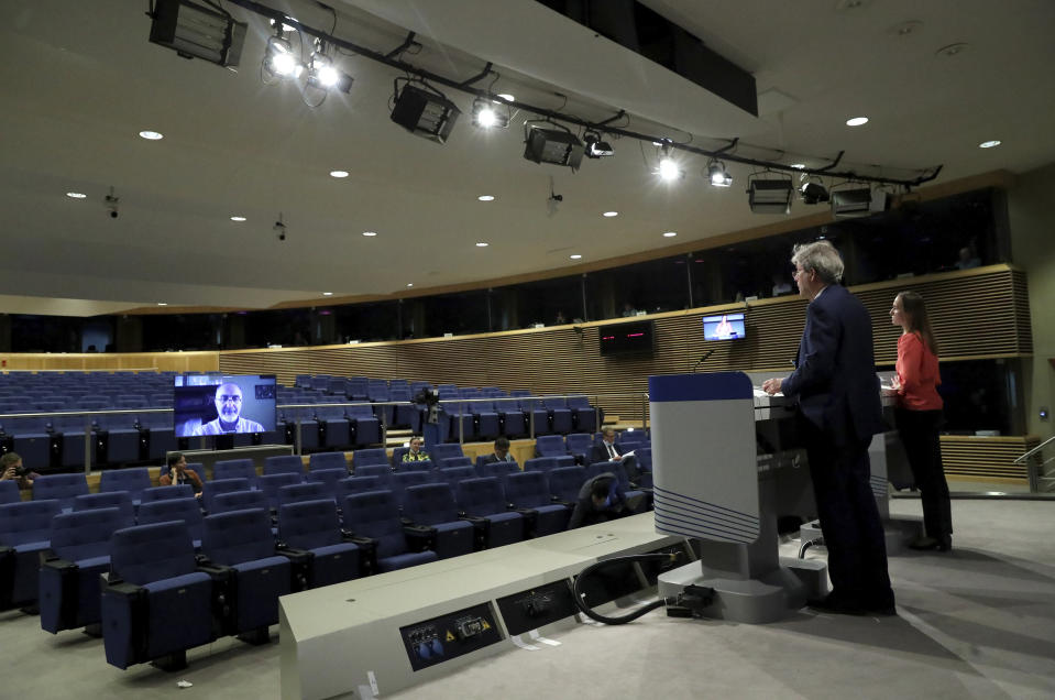 European Commissioner for the Economy Paolo Gentiloni speaks during a media conference on the 2020 Eurostat report, progress toward sustainable development goals in the EU, at EU headquarters in Brussels, Monday, June 22, 2020. (Yves Herman, Pool Photo via AP)