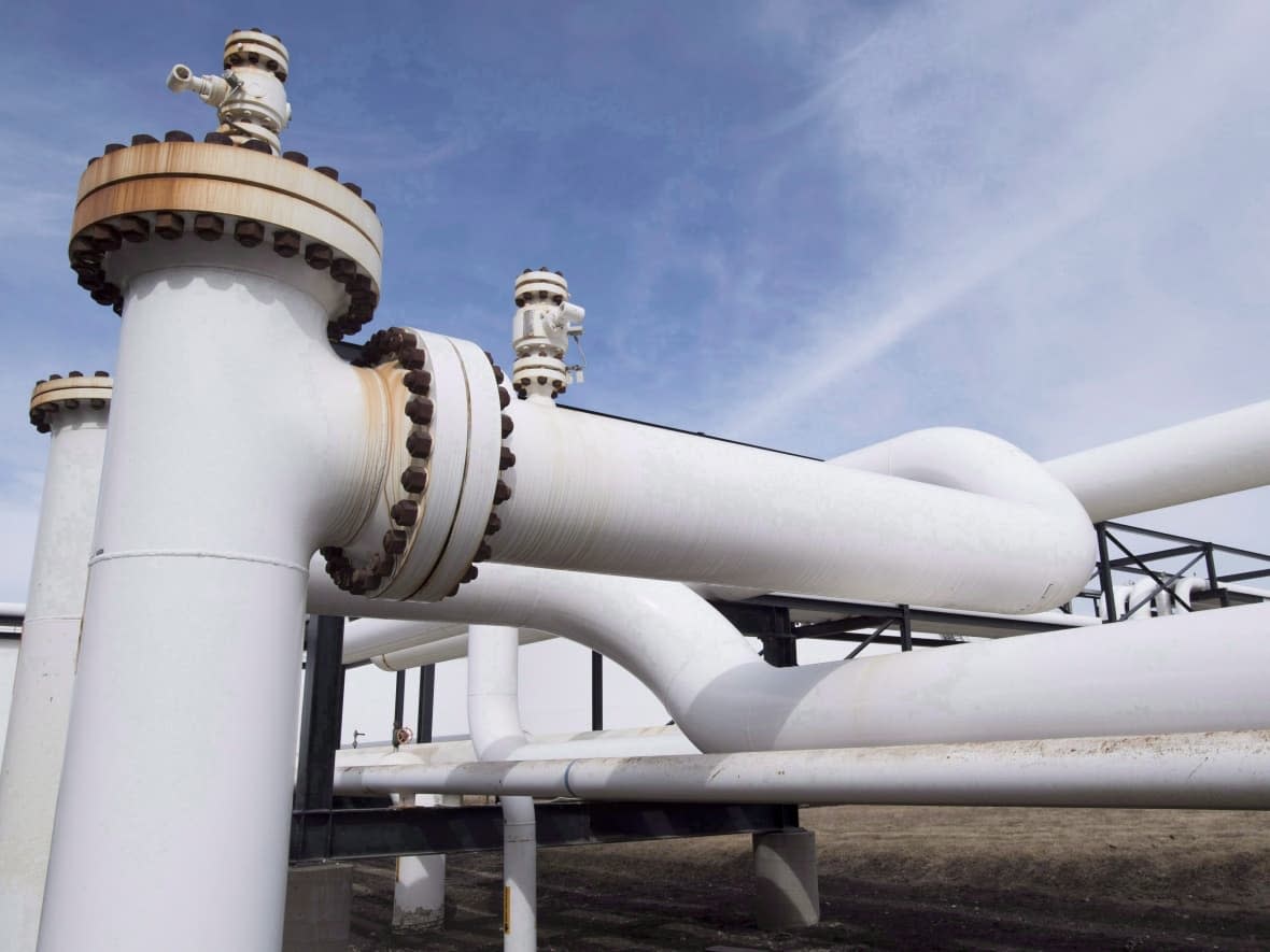 Pipes are seen at the Trans Mountain pipeline facility in Edmonton in April 2017. Ottawa bought the troubled project a year later and, now that it's complete, is looking for a buyer. (Jonathan Hayward/The Canadian Press - image credit)