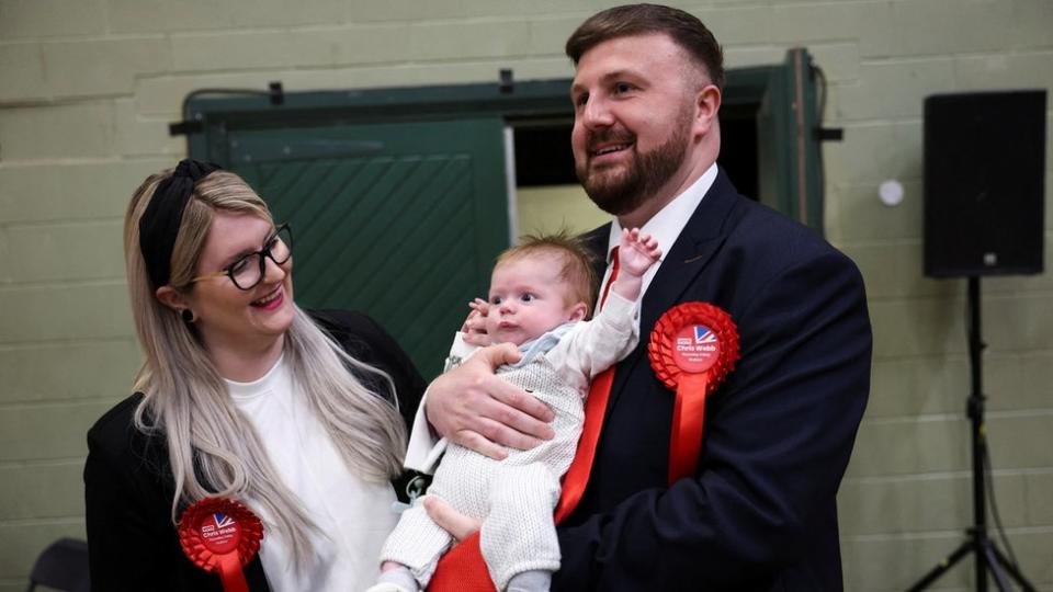 Chris Webb and his wife Portia hold their son Cillian Douglas Webb during the Blackpool South Parliamentary by-election