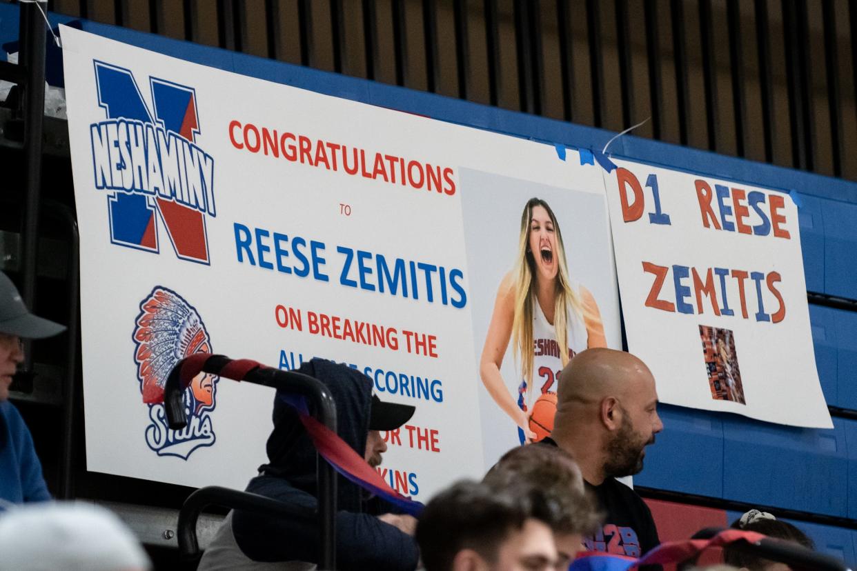 A banner hangs above the stands commemorating Reese Zemitis record-breaking night in a girls basketball game against Council Rock North, on Friday, February 2, 2024, at Neshaminy High School in Middletown.