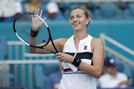 Mar 25, 2019; Miami Gardens, FL, USA; Petra Kvitova of Czech Republic waves to the crowd after her match against Caroline Garcia of France (not pictured) in the fourth round of the Miami Open at Miami Open Tennis Complex. Mandatory Credit: Geoff Burke-USA TODAY Sports