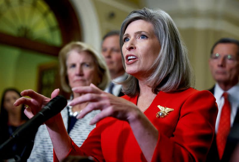 FILE PHOTO: U.S. Senator Joni Ernst (R-IA) speaks during the weekly Republican press conference at the U.S. Capitol building in Washington